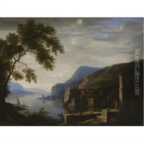 An Extensive Italianate River Landscape With Travellers Near Ruins, Shipping Near A Harbour Beyond Oil Painting - Willem Van Bemmel