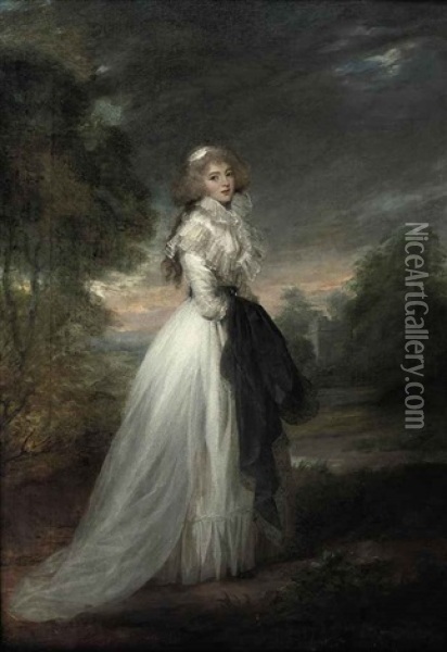 Portrait Of A Lady In A White Dress, Standing In A Park Landscape Holding A Dark Robe Oil Painting - Richard Cosway