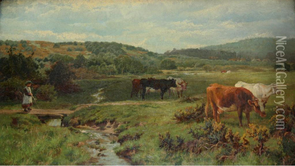Young Girl Tending Cattle On A Heath Oil Painting - Charles Collins