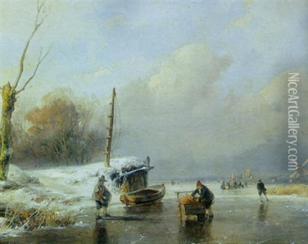 A Winter River Scene With Figures On The Ice In The Foreground Oil Painting - Andreas Schelfhout