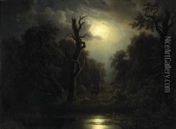 A Nocturnal Landscape With Deer Beside A Pond Oil Painting - Otto Press