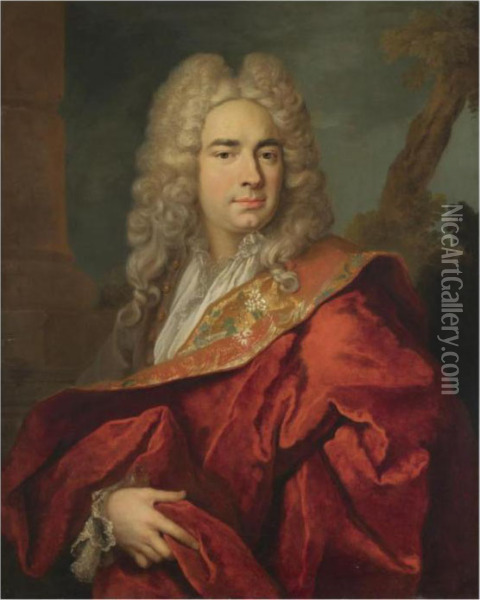 Portrait Of A Gentleman, Half Length, Wearing A Red Cape Oil Painting - Nicolas de Largillierre