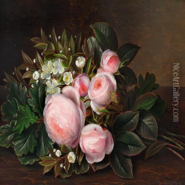 Pink Roses And Myrtle On A Sill Oil Painting - Johan Laurentz Jensen
