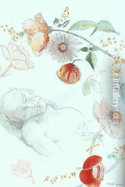 Bust Of A Man Asleep Amid Flowers Oil Painting - Odilon Redon