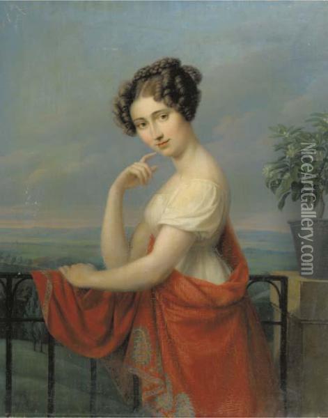Portrait Of A Young Lady With A Red Shawl, Standing By Abalcony Oil Painting - Johann Friedrich Matthai