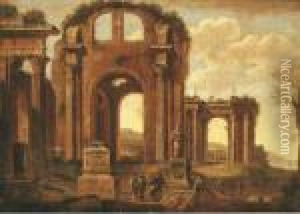 An Architectural Capriccio With Figures Amongst Ruins Oil Painting - Giovanni Ghisolfi