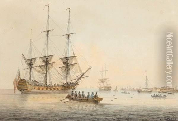 Ships At Harbor Oil Painting - Samuel Atkins