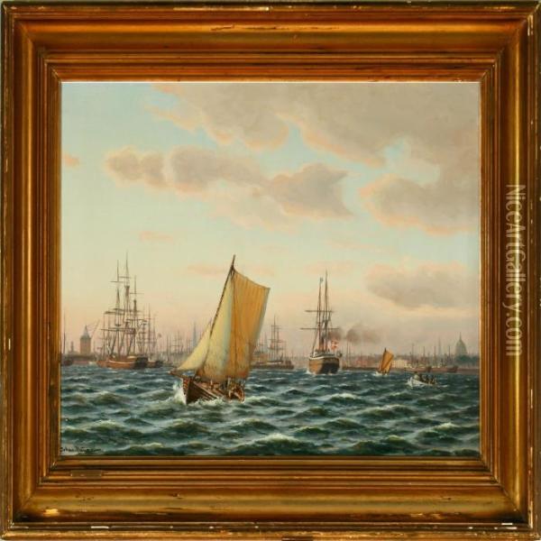An Evening Harbour Scenery From Copenhagen Oil Painting - Johann Jens Neumann