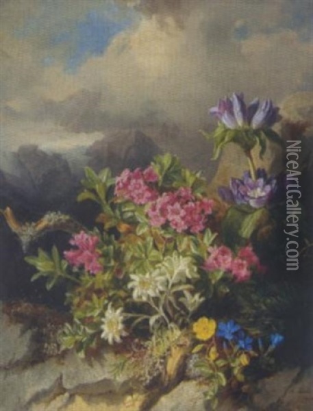 Alpenblumen Vor Landschaftshintergrund Oil Painting - Andreas Lach