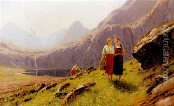 Tre Flickor Pa Sommarvall Oil Painting - Hans Dahl