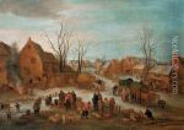 Winterliche Dorflandschaft Mit Einem Viehmarkt. Oil Painting - Jan Brueghel the Younger