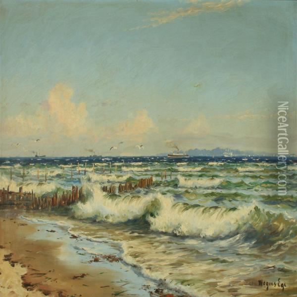 Coastal Scenery With Ships At Sea,presumably At Helsingor Oil Painting - Mogens Ege