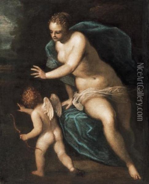 Venus And Amor Oil Painting - Jacopo Robusti, II Tintoretto