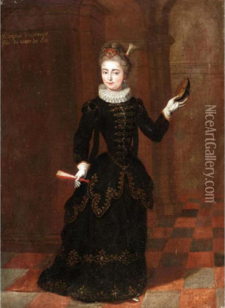 Portrait Of A Lady, Full Length,
 Wearing A Black Dress And Holding A Fan, Possibly The Marchioness 
D'espinouse Oil Painting - Pierre Gobert