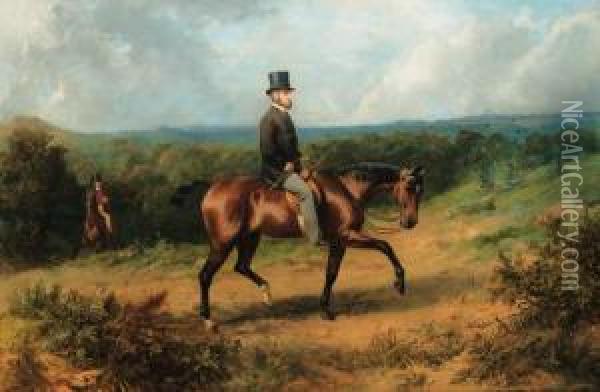 A Gentleman On A Bay Hunter In An Extensive Wooded Landscape Oil Painting - George Earl