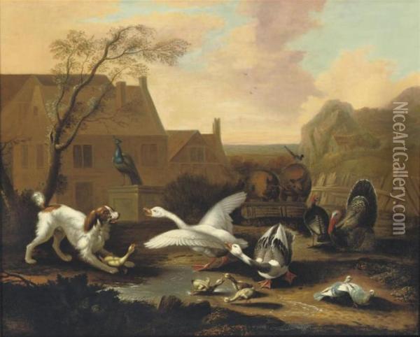 A Spaniel Threatening Geese In A Farmyard Oil Painting - Pieter III Casteels