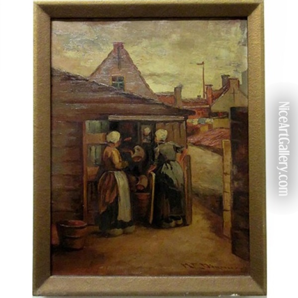Untitled (dutch Women At Shed) Oil Painting - Mary Ella Dignam