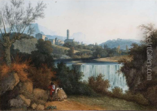A River Landscape With A Village
 And A Tower In The Background, A Hunter With His Dog Resting Oil Painting - Joseph Augustus Knip
