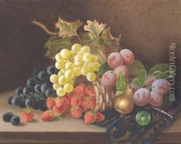Grapes, Strawberries And Pears Tumbling From A Basket Oil Painting - Thomas Harper