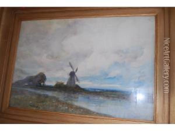 River Scene With A Windmill Oil Painting - Thomas William Morley