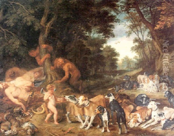 Sleeping Nymphs Watched By Satyrs With Hunting Dogs In A    Wooded Landscape Oil Painting - Jan Brueghel the Elder