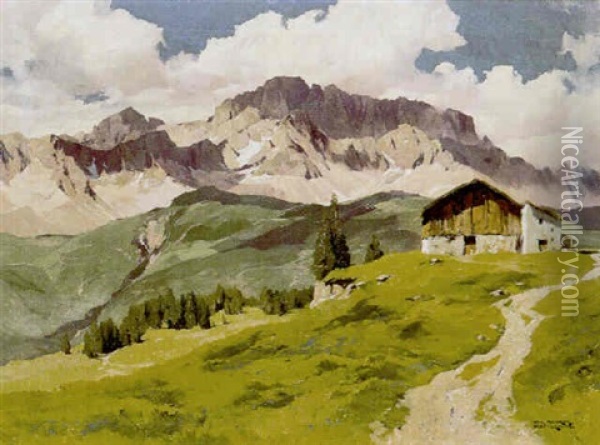 Alm In Den Dolomiten, Mit Blick Auf Die Sudwand Der Marmolata Oil Painting - Hans Maurus