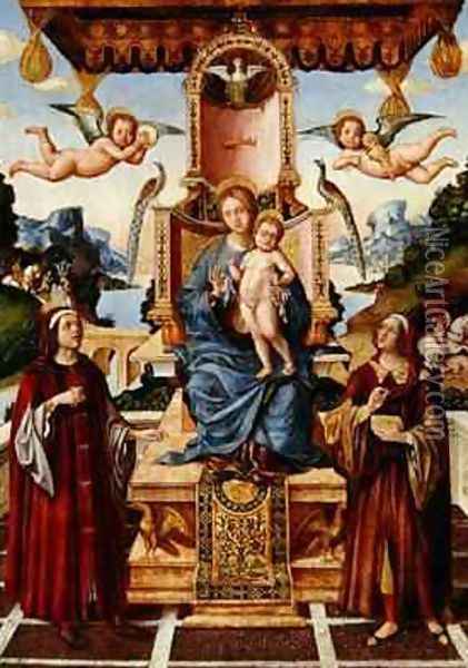 Virgin and Child Enthroned with Saints Cosmas and Damian with Saints Eustace and George in the background Oil Painting - Gian Francesco de Maineri