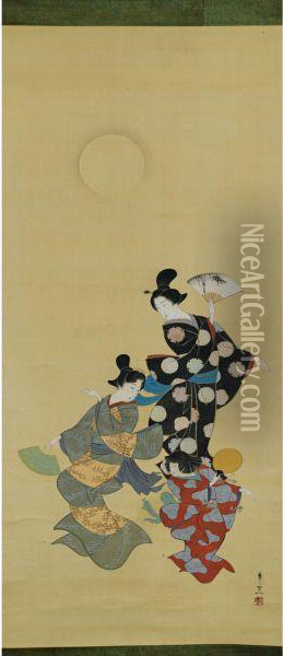 Three Dancers Under Themoon Oil Painting - Suzuki Motonaga Kiitsu