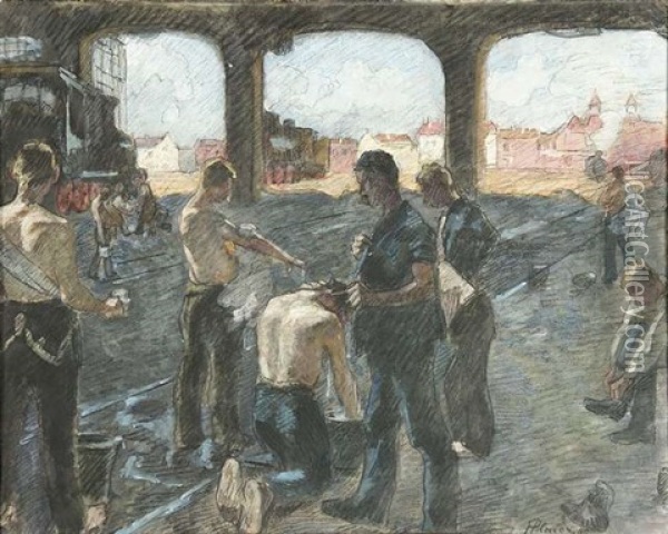 Feierabend In Der Lokomotivhalle (study For Feierabend?) Oil Painting - Hermann Pleuer