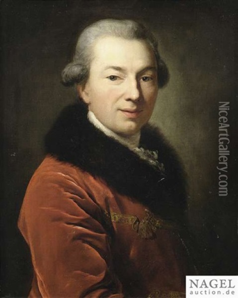 Portrait Of Graf Pflug(k) In A Red Coat With Fur Trimming Oil Painting - Anton Graff