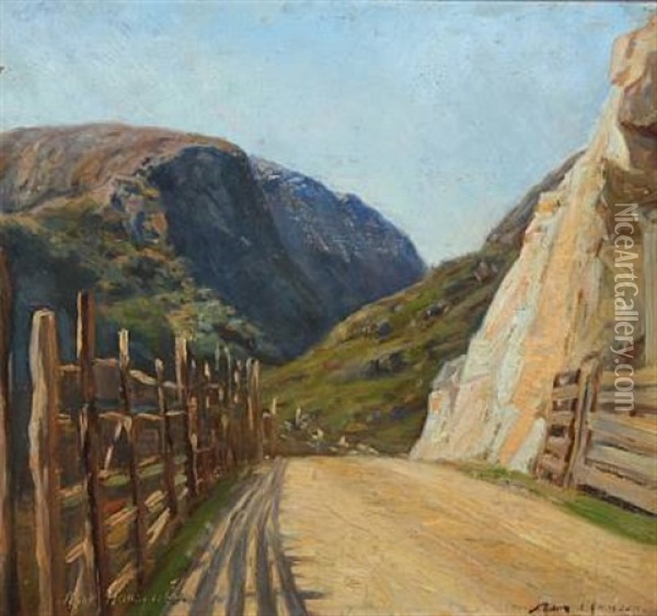 Mountain Scape With Road Oil Painting - Asor (Henrik A.) Hansen