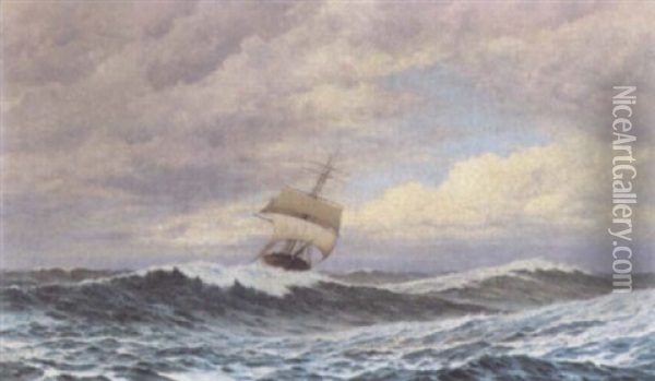 A Masted Ship In Stormy Waters Oil Painting - Frederick William Meyer