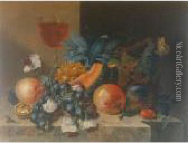 Still Life Of Fruit And Nuts With A Wine Glass All Resting On A Ledge Oil Painting - Johann Amandus Winck