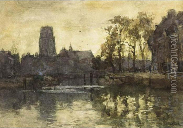 Dordrecht At Dusk Oil Painting - Johann Hendrik Van Mastenbroek
