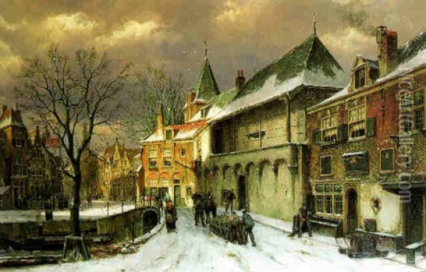 A Winter Street Scene, Amsterdam Oil Painting - Willem Koekkoek