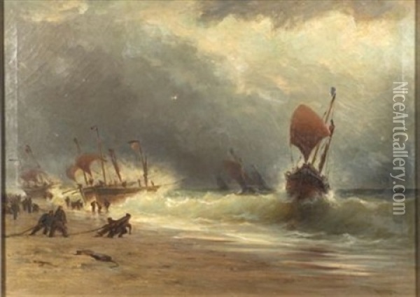 The Stranding Of Fishing Boats At Hastings, England Oil Painting - Stephen Salisbury Tuckerman