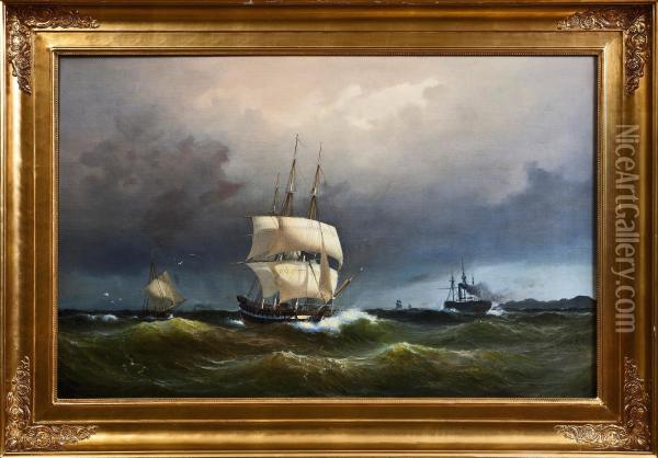 Ships In The Open Sea Oil Painting - Vilhelm Melbye