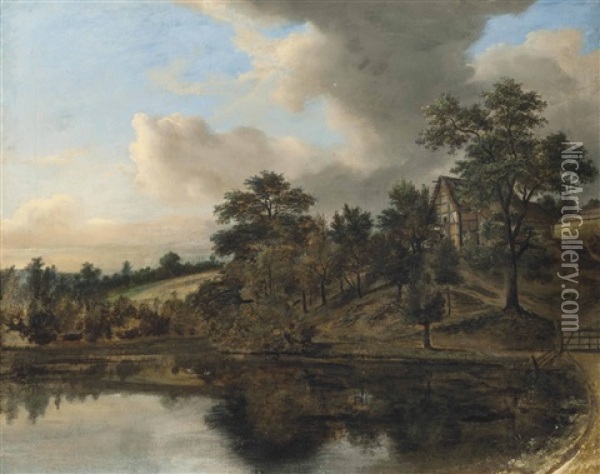 A Wooded Landscape With A Cottage By A Lake Oil Painting - Jacob Van Ruisdael