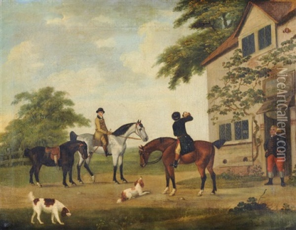Horse-mounted Gentleman And Spaniels Before An Inn Oil Painting - John Nost Sartorius