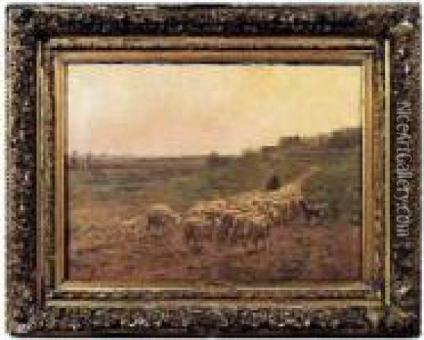 La Rentree Du Troupeau En Fin De Journee, Circa 1880 Oil Painting - Albert Charpin