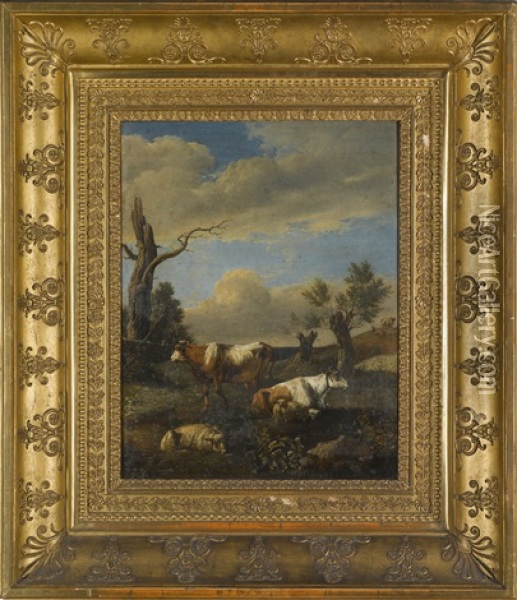 Cattle And A Sheep In A Landscape With A Blasted Tree Oil Painting - Paulus Potter