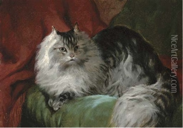 A Comfy Persian Cat, On A Green Cushion Oil Painting - John Charlton