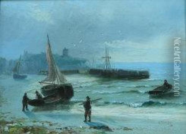 Fishing Boats On The Shoreline Oil Painting - Edwin Fletcher