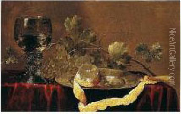 A Still Life Of A Peeled Lemon On A Pewter Dish, Grapes, And A Roemer, All On A Table Draped With A Red Cloth Oil Painting - Abraham Susenier