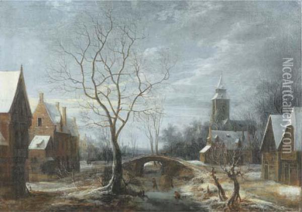 A Winter Landscape With Figures On A Frozen Waterway In Avillage Oil Painting - Anthonie Beerstraten