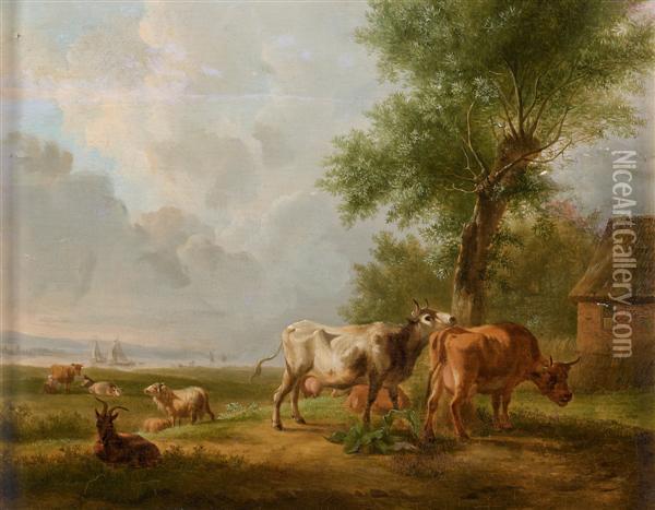 Moutons Et Vaches Au Bord D'un Estuaire Oil Painting - Jan van Gool