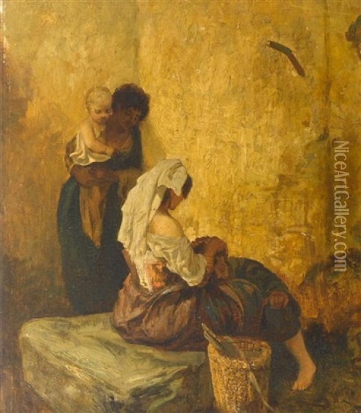 Interieur Mit Mutter Und Kinder Oil Painting - Alexandre Gabriel Decamps