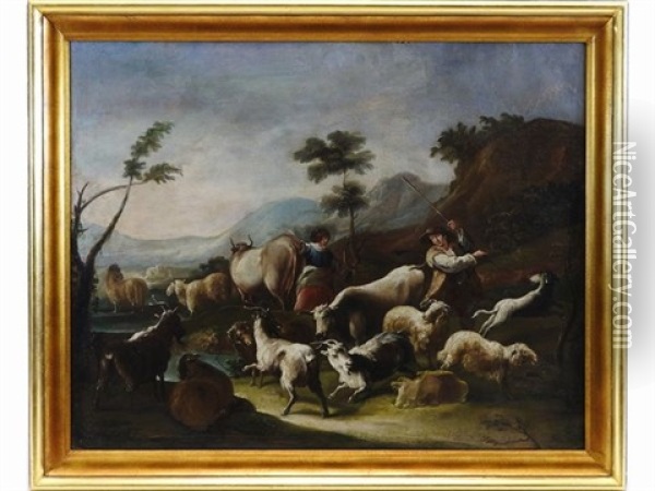 Paesaggio Montano Con Pastori E Armenti Oil Painting - Philipp Peter Roos