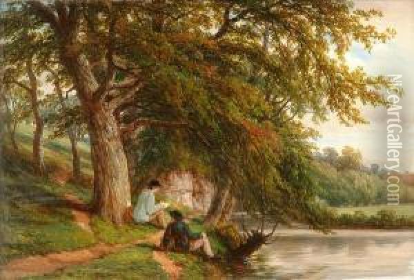 On Theavon, Fisherman On The Bank Oil Painting - Thomas Baker Of Leamington