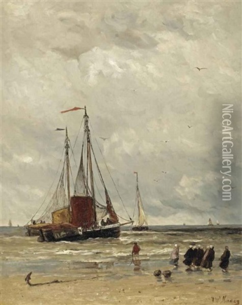 Fishing Barges At Low Tide Oil Painting - Hendrik Willem Mesdag